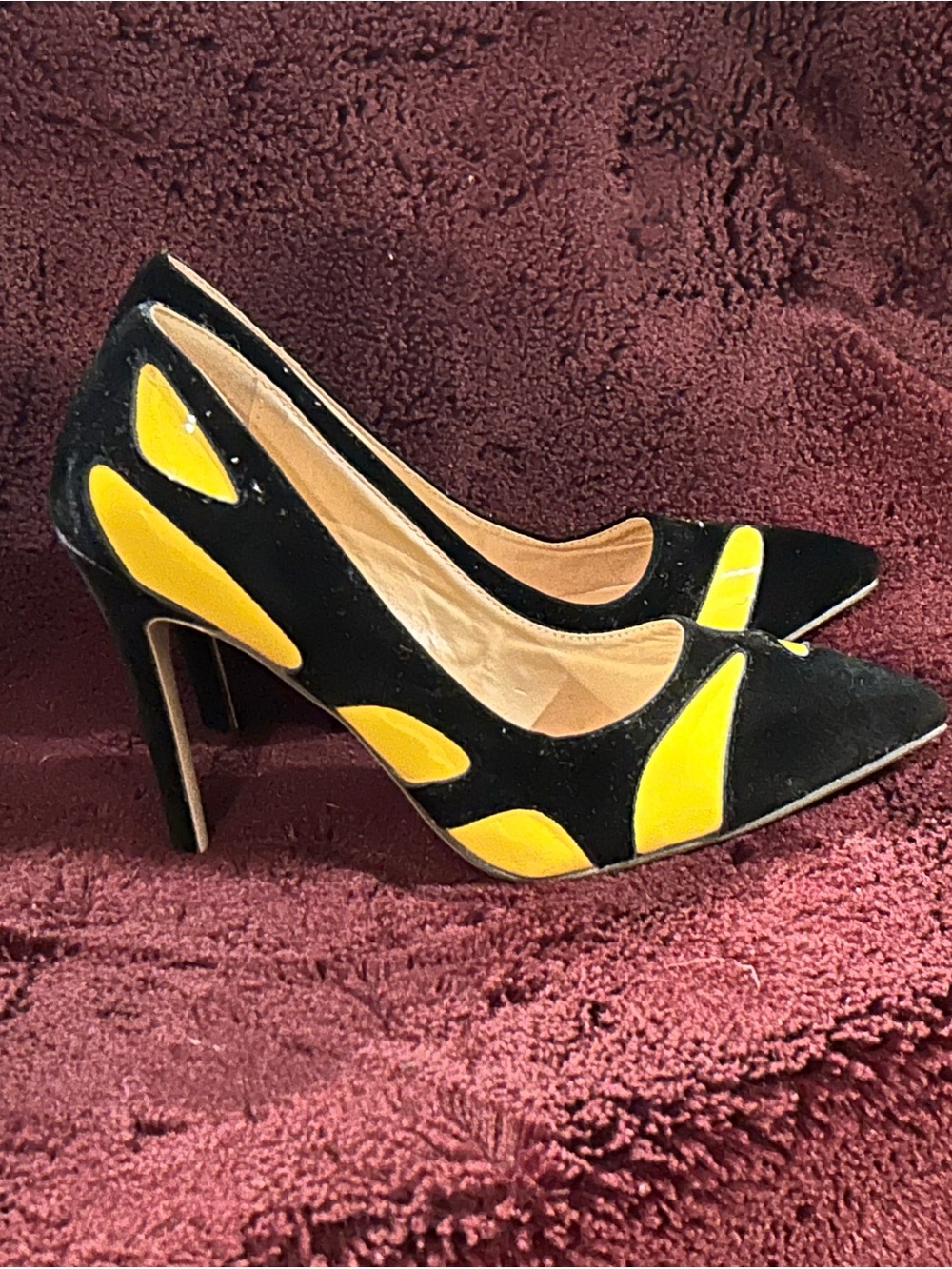 Black Suede Pointed-Toe Heels with Yellow Accents